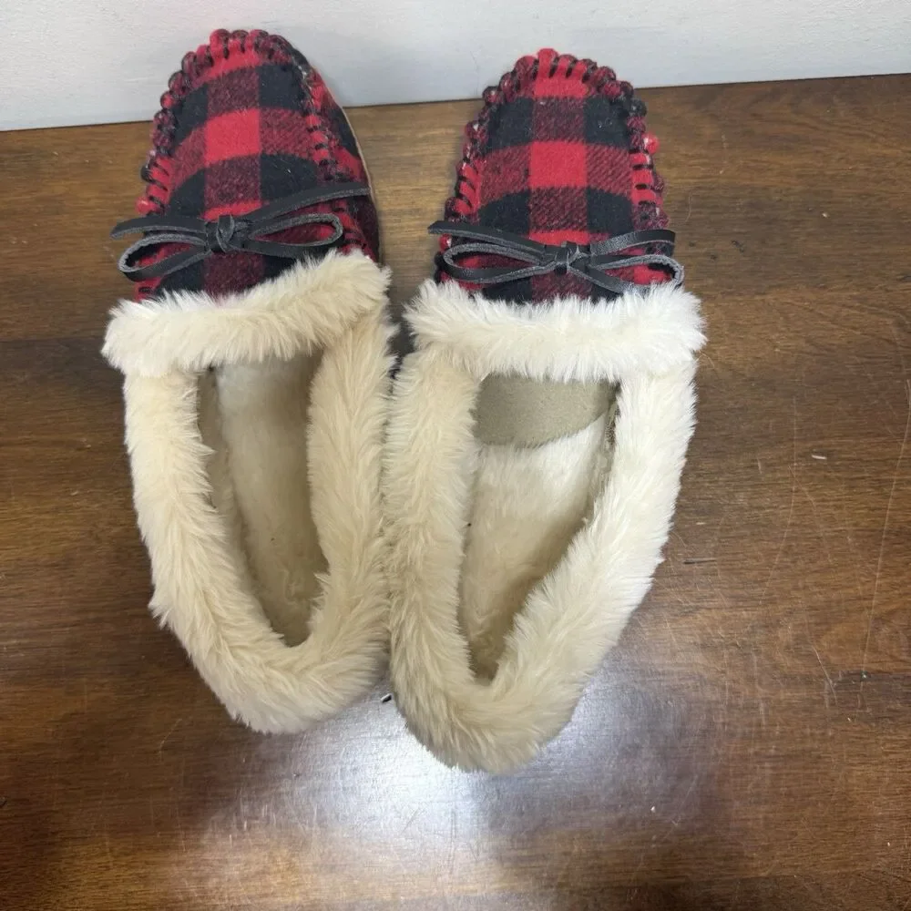 J Crew Red & Black  Buffalo Plaid Faux-Shearling Moccasin Slippers Size 9 NWOT